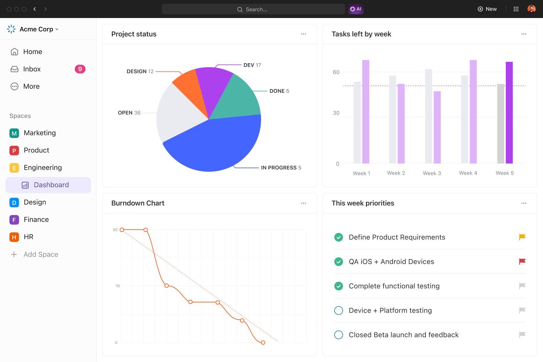 ClickUp dashboard and reporting view for project status and performance visibility