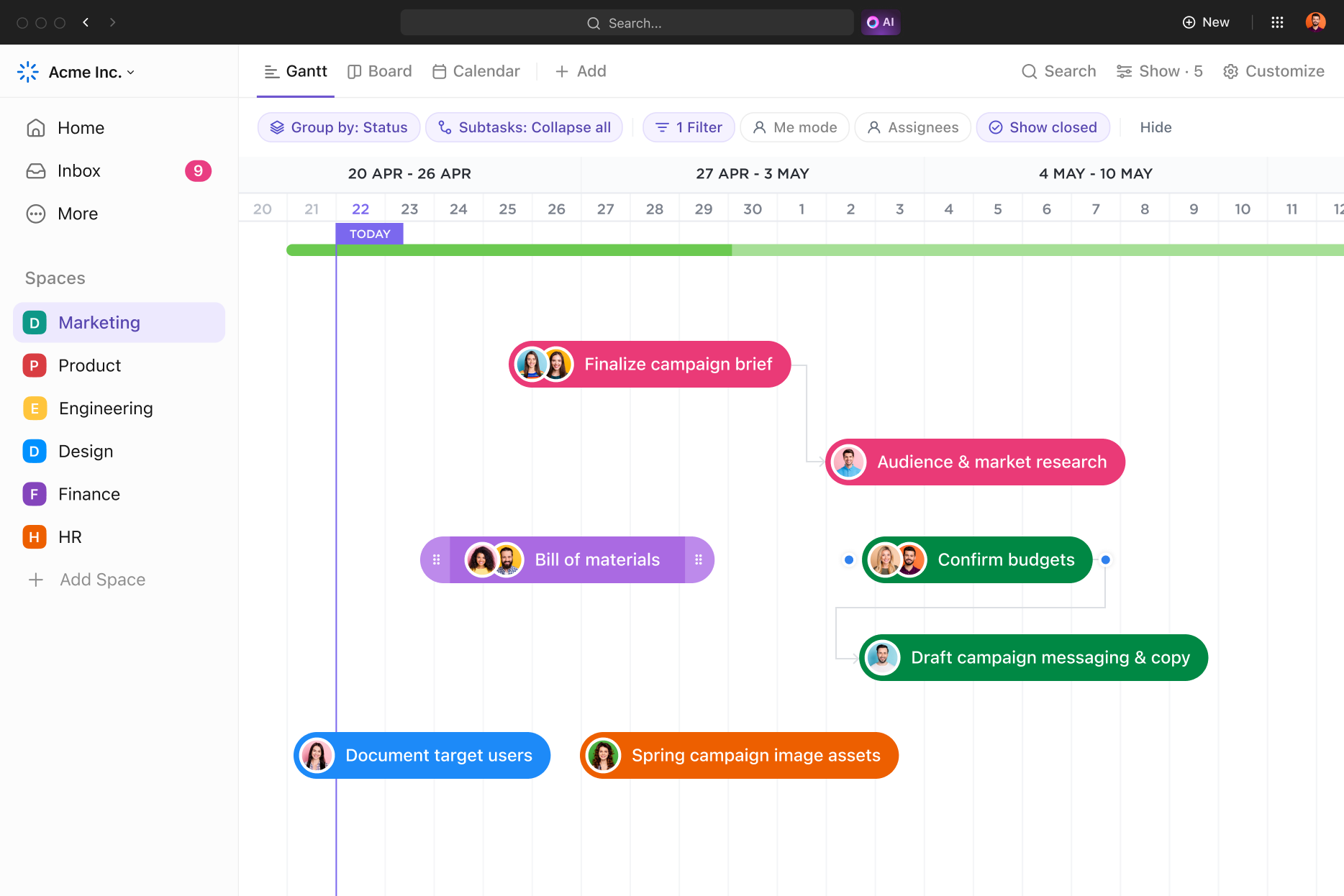 ClickUp Gantt and timeline view for project planning, dependencies, and scheduling