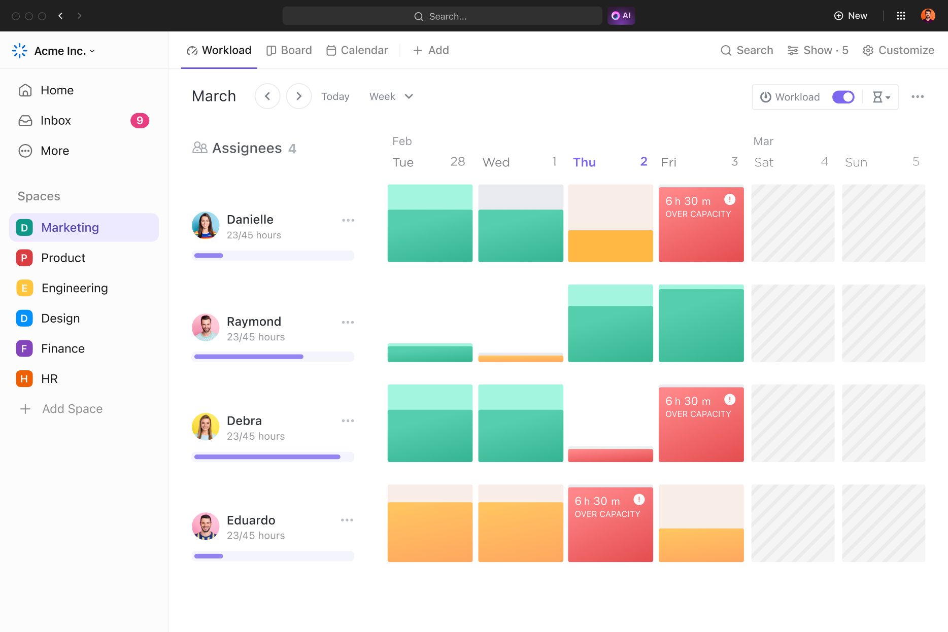 ClickUp Workload view showing team resource capacity and over-capacity assignments