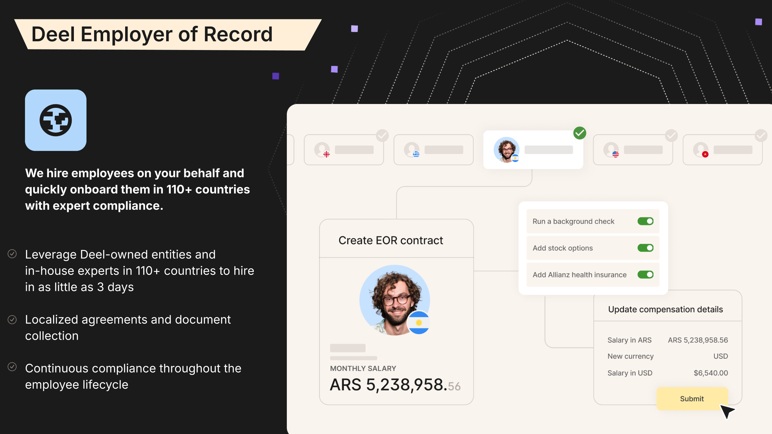 Deel Employer of Record workflow showing localized contracts, benefits, onboarding and compensation