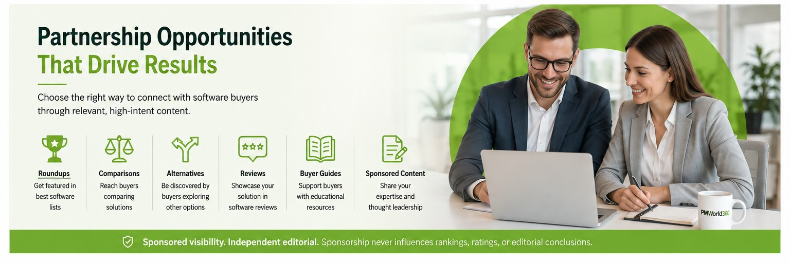 PMWorld360 partnership opportunities across roundups, comparisons, alternatives, reviews, buyer guides and sponsored content