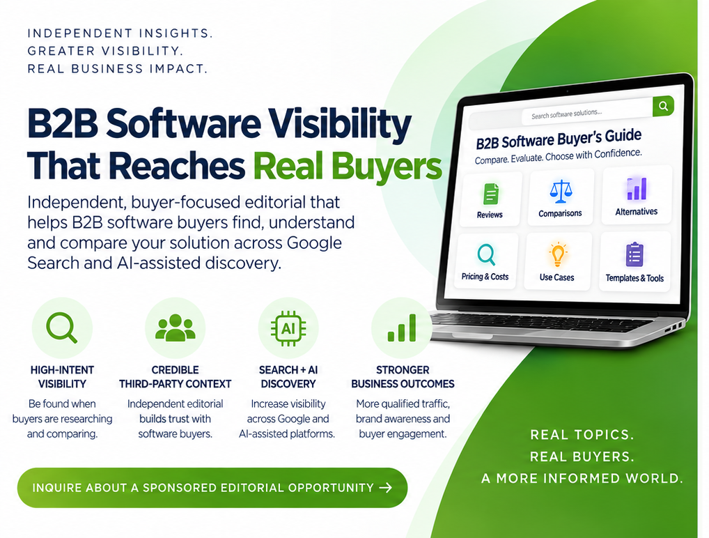 PMWorld360 B2B software visibility service showing buyer-focused editorial, high-intent buyer visibility, credible third-party context, and search and AI-assisted discovery.