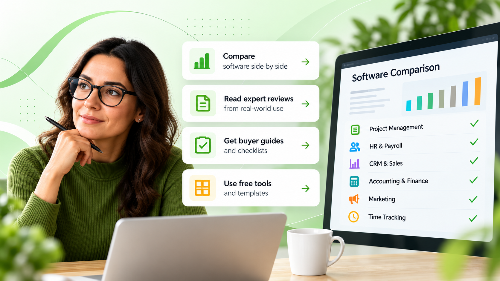 B2B software buyer comparing business software, expert reviews, buyer guides, decision tools, and six software categories